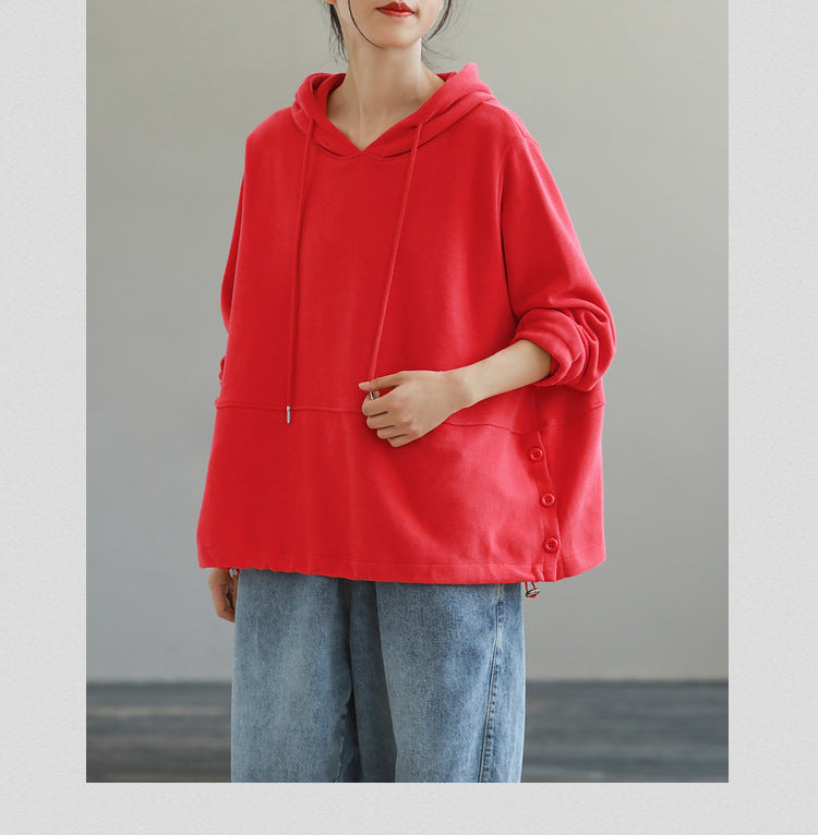 Loose Solid Color Hooded Long Sleeve Sweater