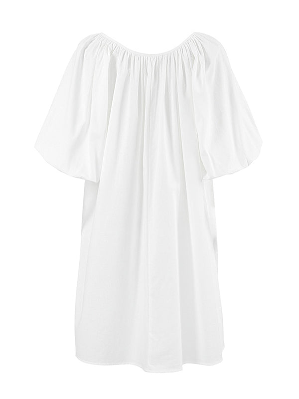 Loose Puff Sleeves Lace-Up Pleated See-Through Solid Color V-Neck Mini Dresses Sleep Dress