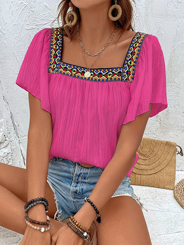 High-Low Loose Embroidered Pleated Square-Neck T-Shirts Tops