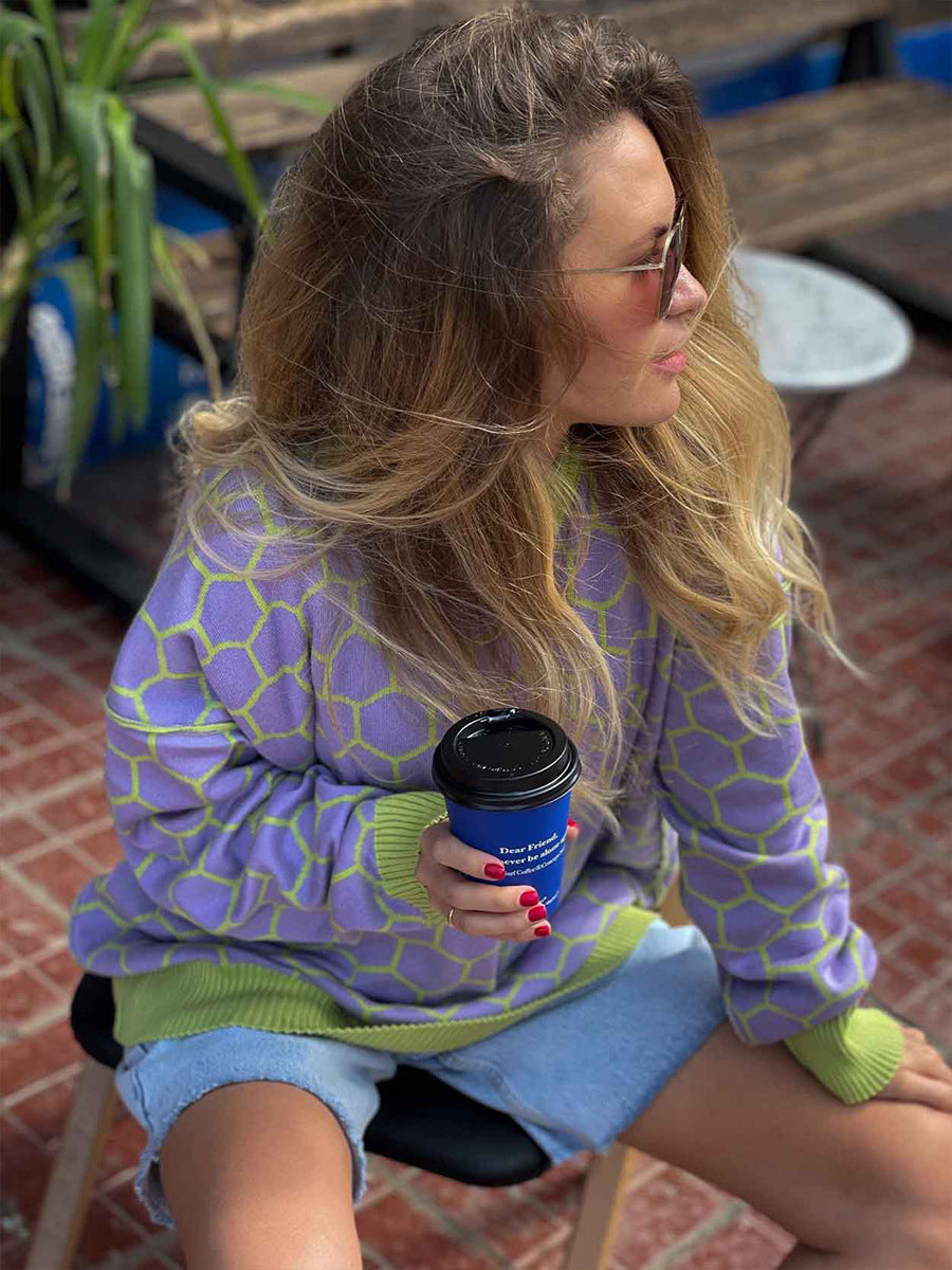 Round neck honey sweater autumn and winter loose plaid pullover round neck knitted women's top