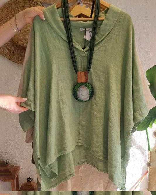 Casual  Nature Linen  Lapel  Neck Top