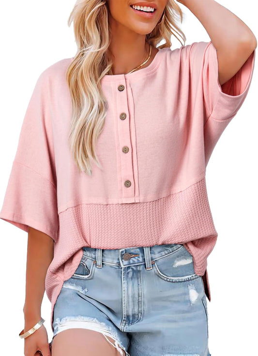 Casual Waffle Knit Button 3/4 Sleeve Top(Buy 2 Free Shipping)