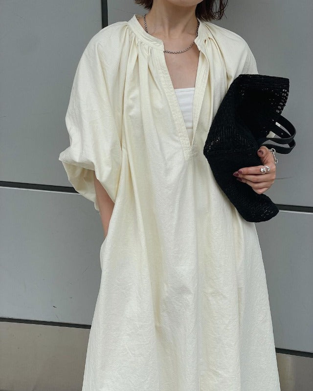 V-Neck Loose Casual Puffy Sleeves Solid Color Maxi Dress