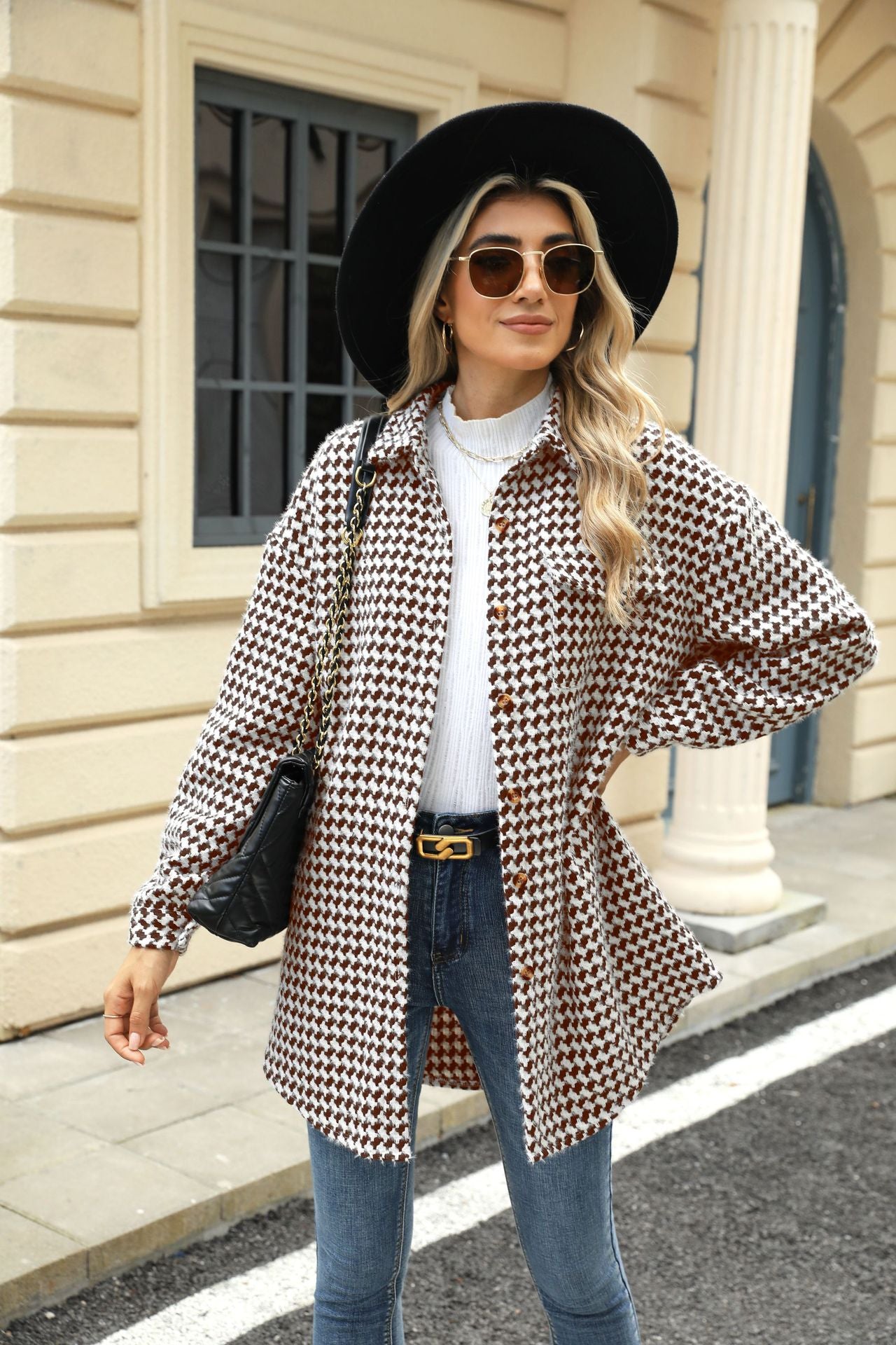 Autumn and Winter houndstooth polo collar top mid-length woolen coat for women