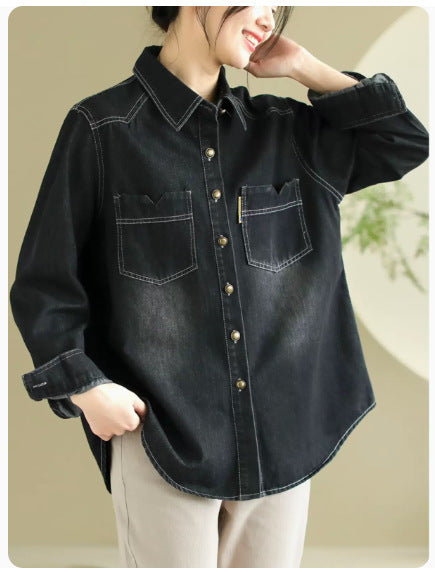 Retro Denim Lapel Long Sleeve Shirt