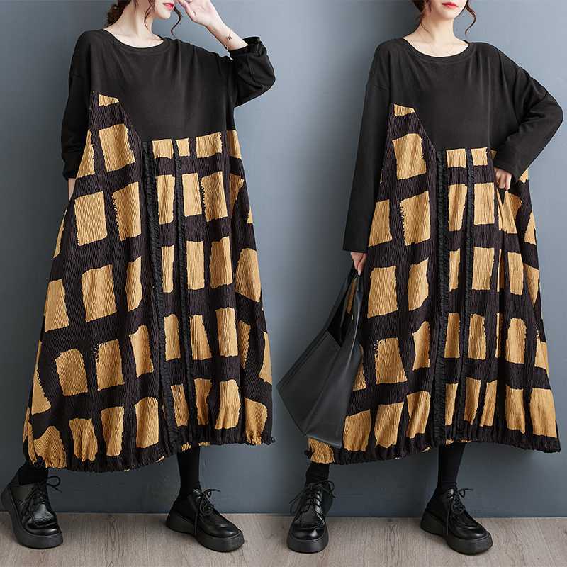 Vintage Plaid Long Sleeve Midi Dress