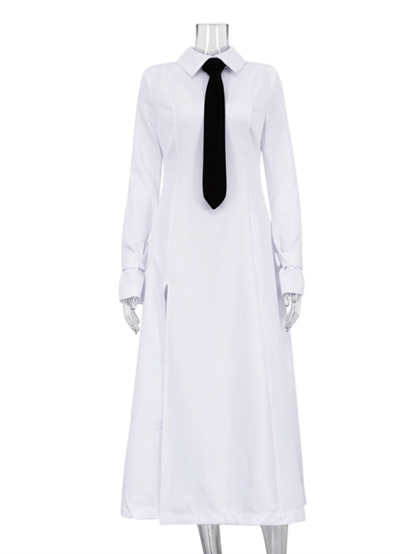 A-Line Flared Sleeves Buttoned Solid Color Split-Joint Split-Side Lapel Maxi Dresses Shirt Dress