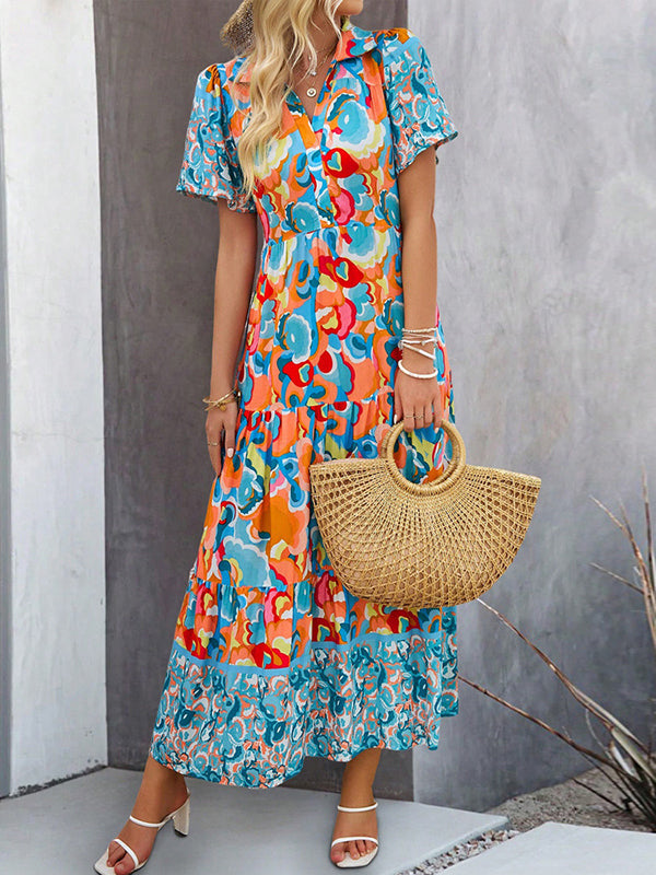 A-Line Half Sleeves Buttoned Contrast Color Printed Lapel Maxi Dresses