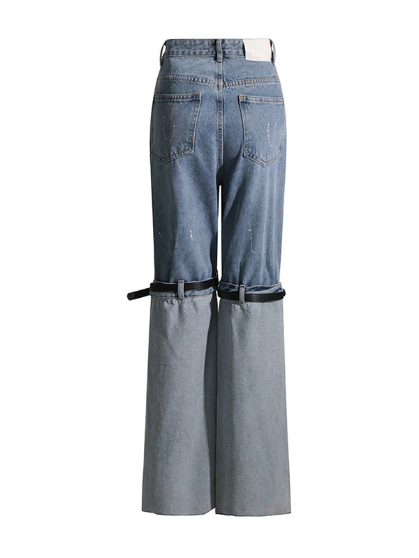 High Waisted Loose Belt Buckle Split-Joint Jean Pants Bottoms