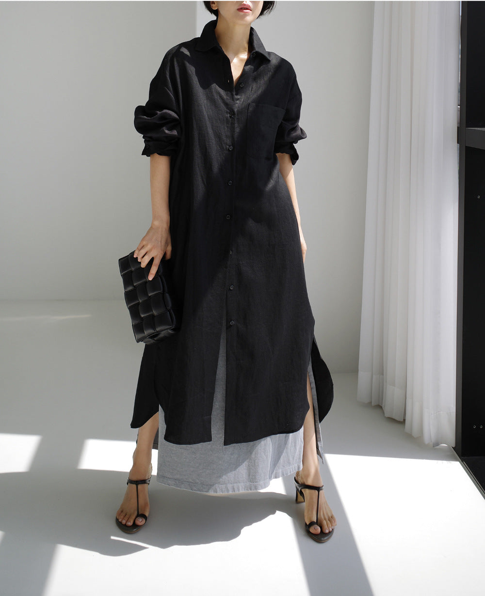 Simple Cotton Linen Long Sleeve Midi Dress