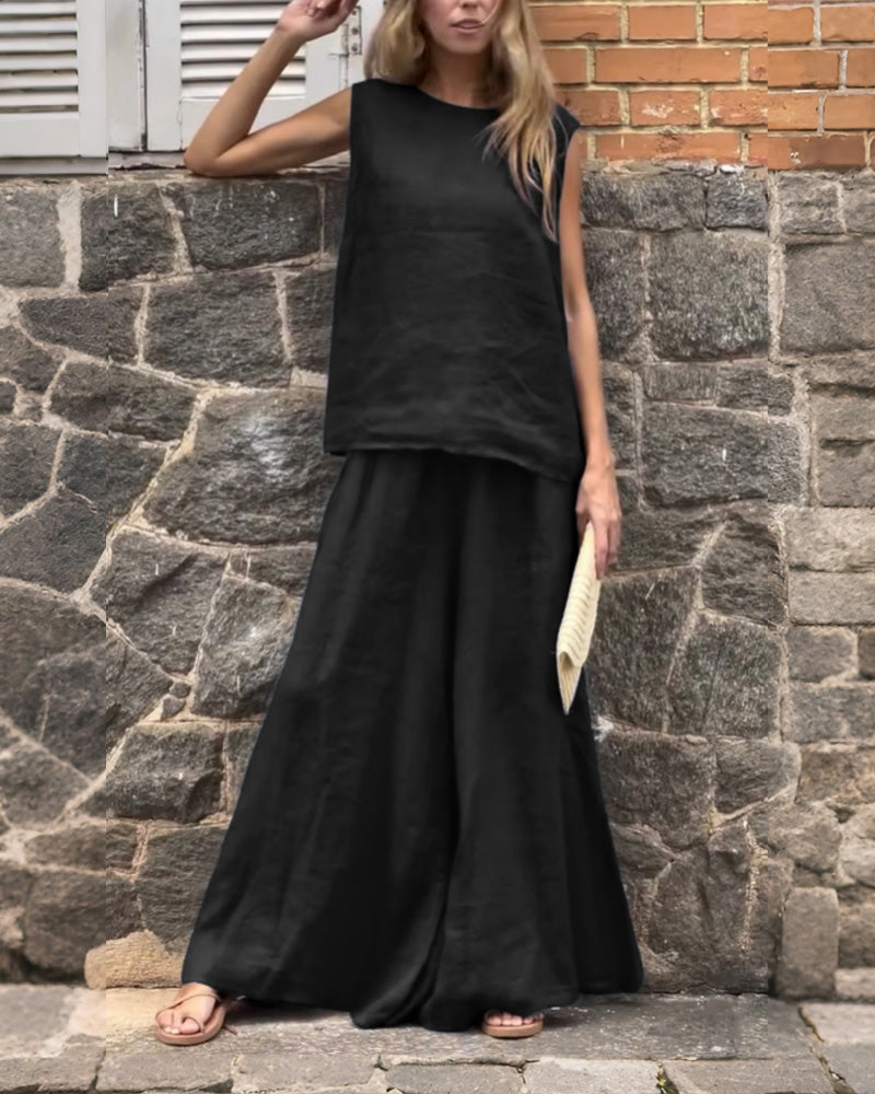 Two-piece Loose Solid Color Sleeveless Pants Set