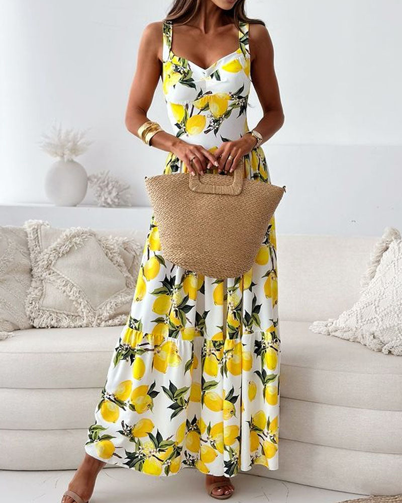 Elegant Lemon Print Sling Dress