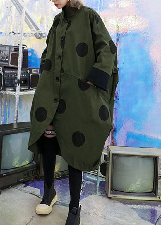 Loose Army Green asymmetrical design Peter Pan Collar dot print trench coats