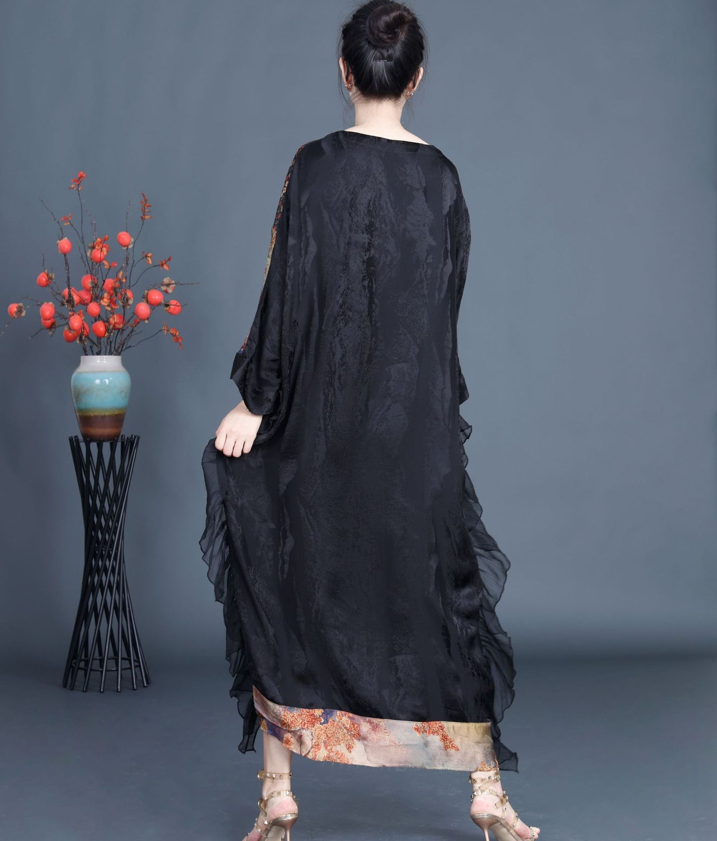 Vintage Jacquard Splicing Bat Sleeve V-Neck Maxi Dress