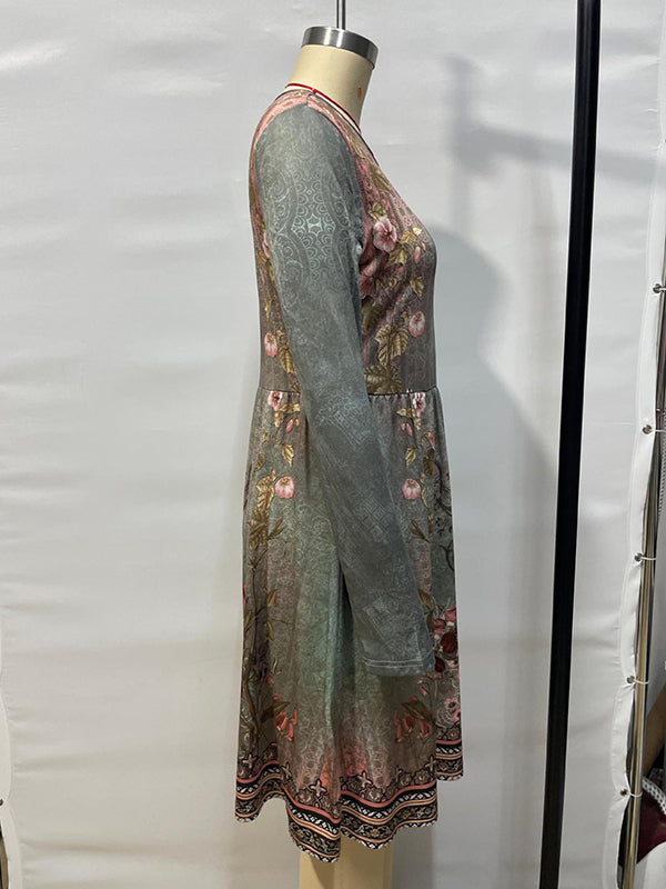 A-line Long Sleeves Flower Print Pleated Split-Joint Round-neck Mini Dresses