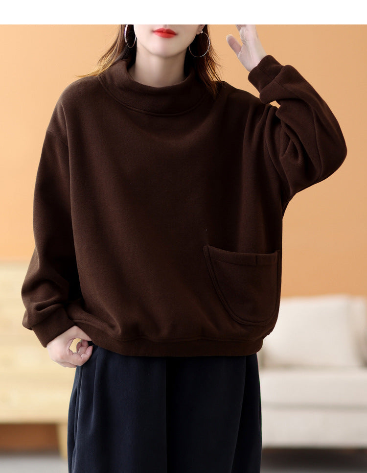Casual Solid Color High Collar Velvet Sweatshirt