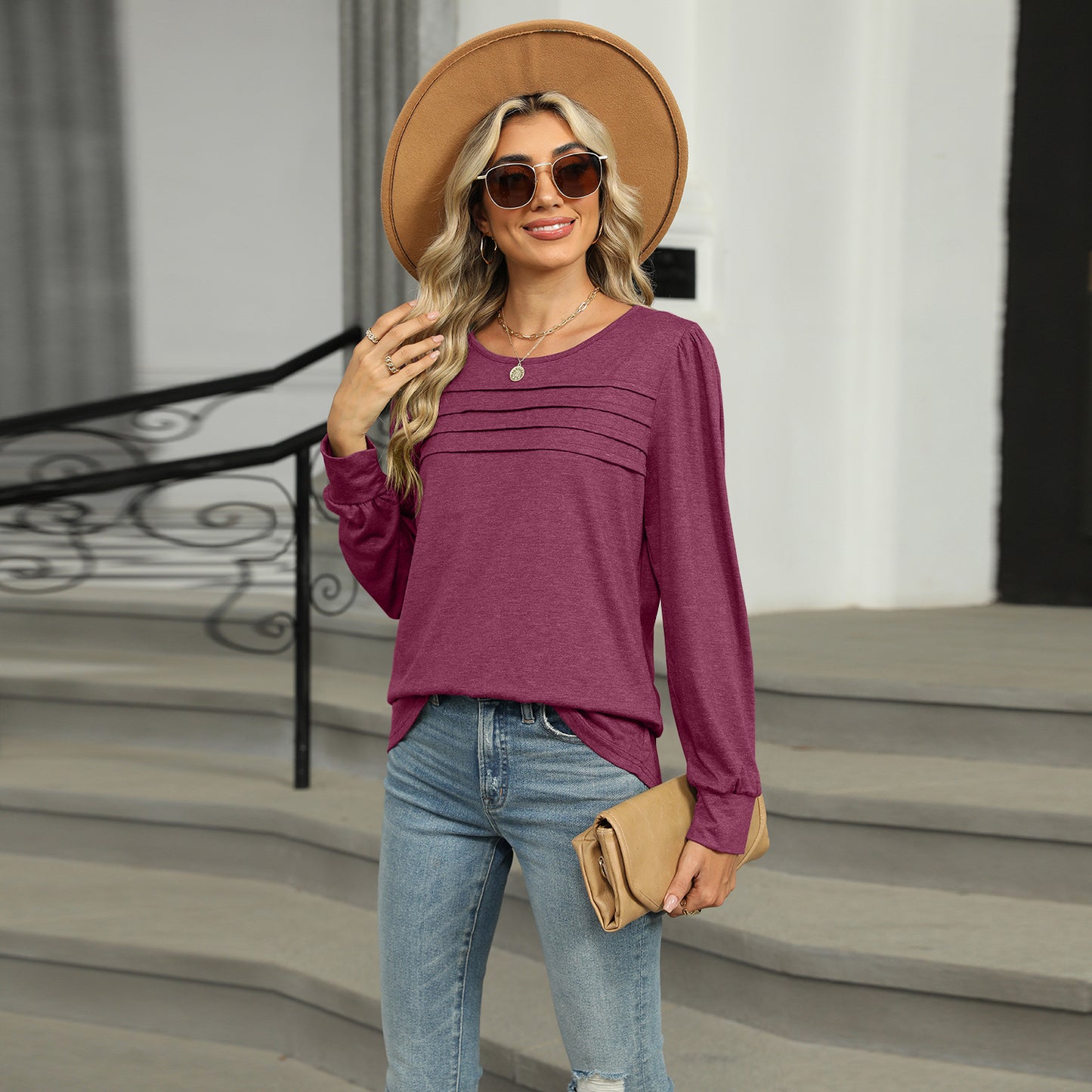 Women's autumn and winter solid color U-neck pleated long-sleeved T-shirt top