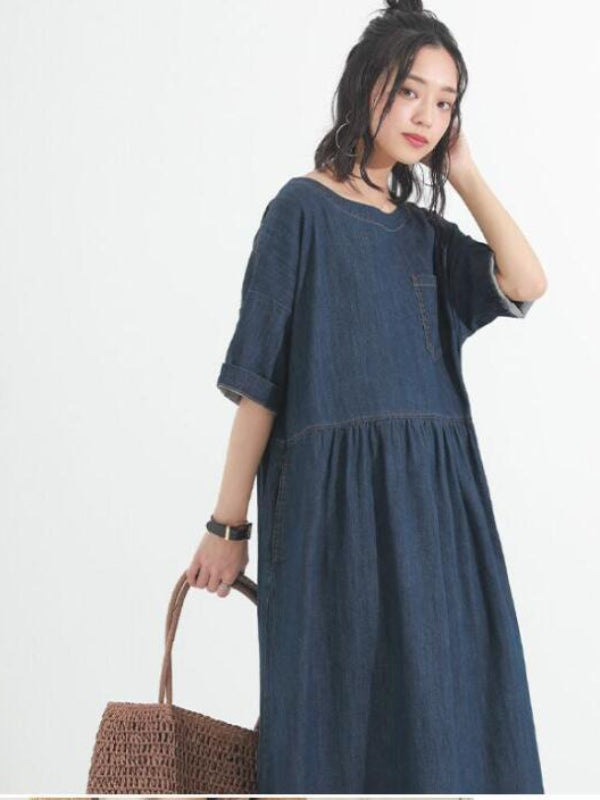 Thin Denim Splicing Short Sleeve Dress