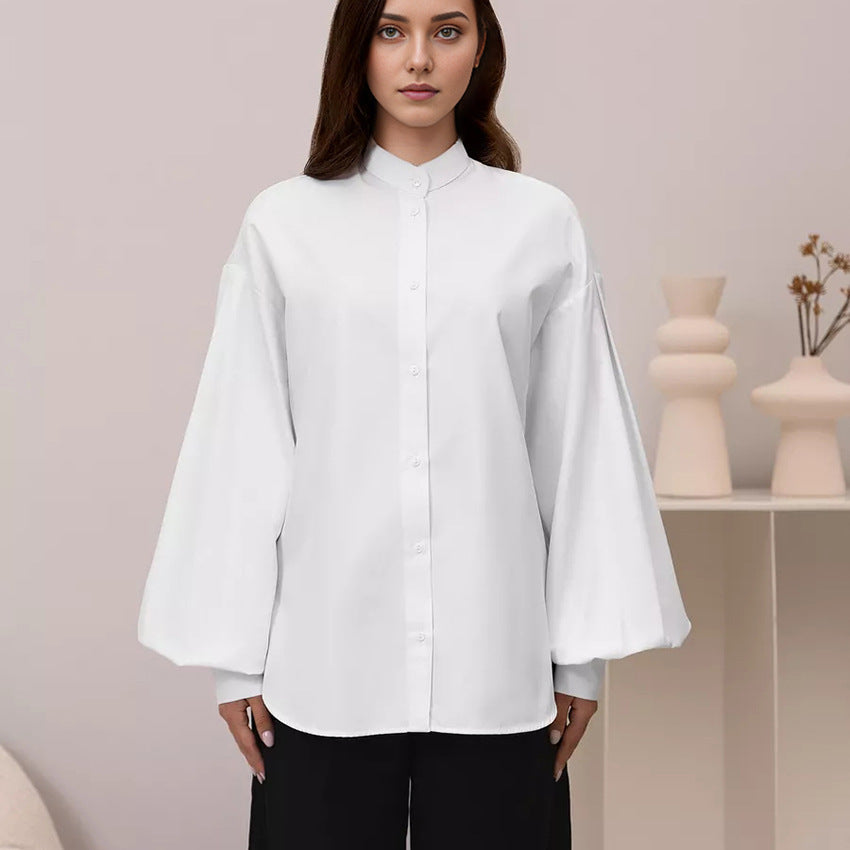 Minimalist Solid Color Lantern Sleeve Lapel Shirt
