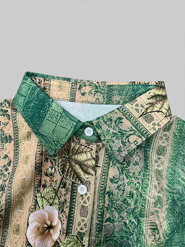 Long Sleeves Loose Buttoned Flower Print Split-Joint Lapel Maxi Dresses Outerwear Shirt Dress