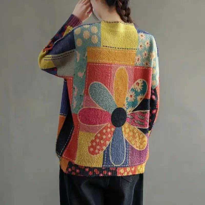 Colorful Flower Knit Round Neck Sweater