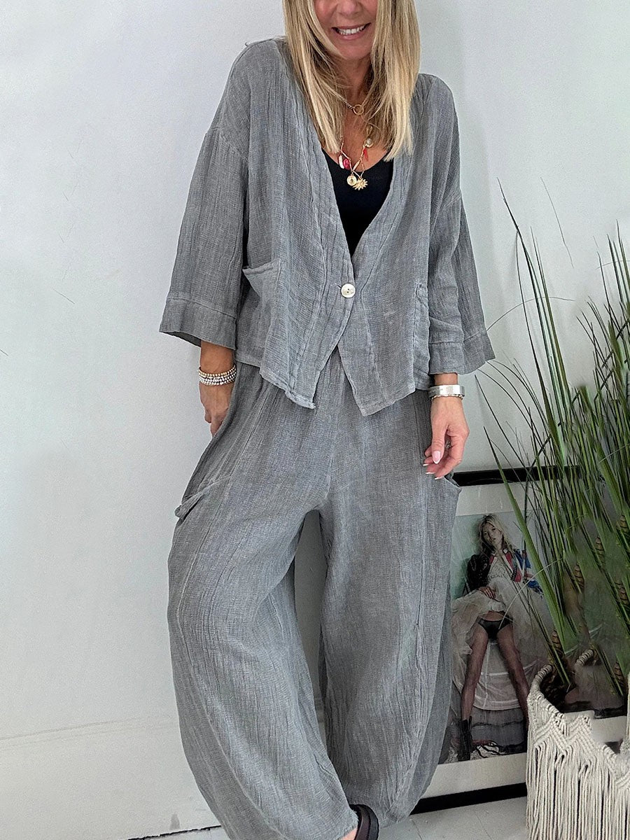 Cotton and linen mid-sleeve casual two-piece set