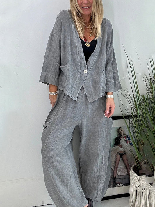 Cotton and linen mid-sleeve casual two-piece set