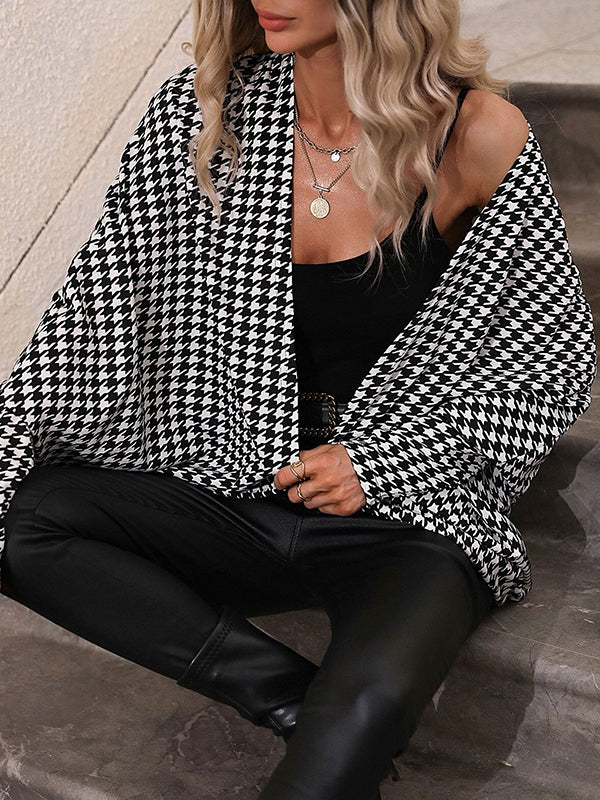 Batwing Sleeves High-Low Houndstooth Outerwear