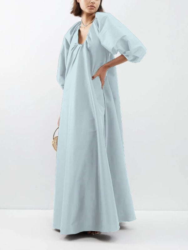 V-Neck Solid Color Puffy Sleeves Loose Maxi Dress