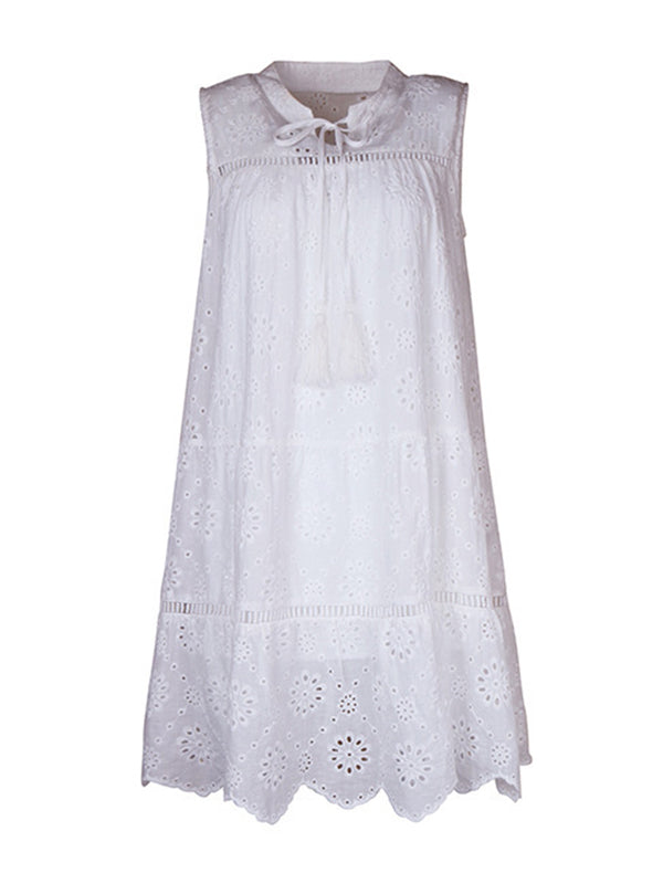 Loose Sleeveless Hollow Lace-Up Solid Color Round-neck Mini Dresses