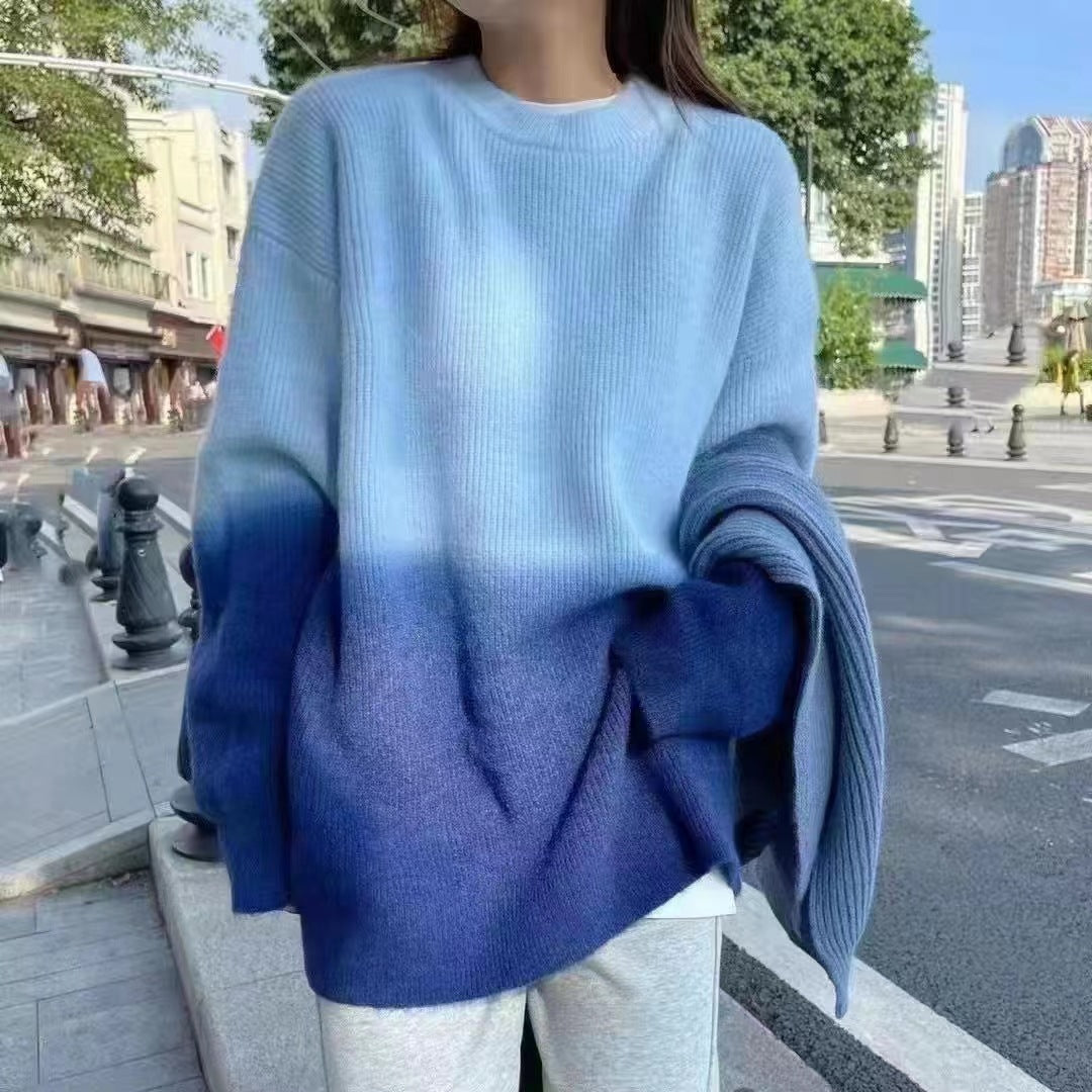 Literary Gradient Color Round Neck Knit Sweater
