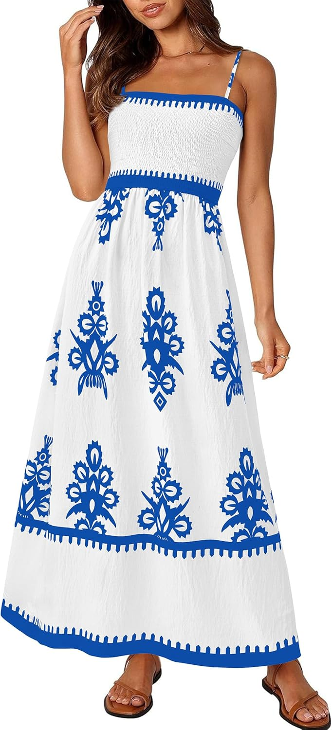 Spaghetti Strap Ruffled Floral Bohemian Maxi Dress With Pockets(Buy 2 Free Shipping)