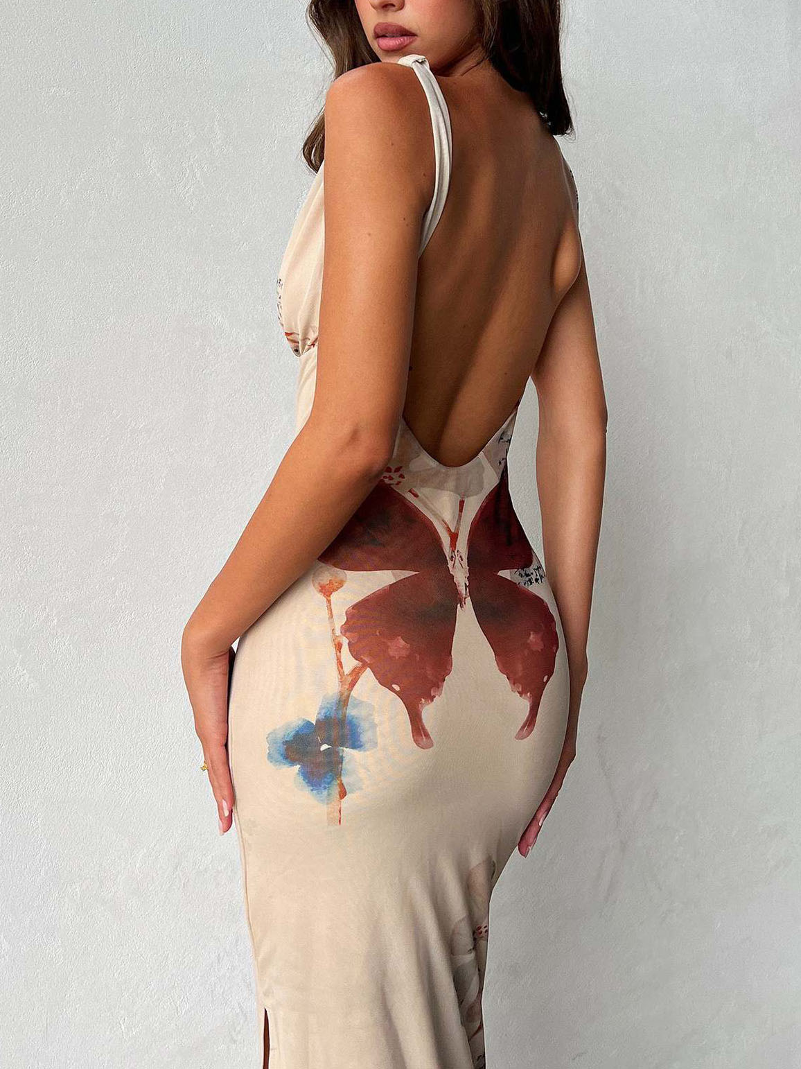 V Neck Butterfly Print Maxi Dress