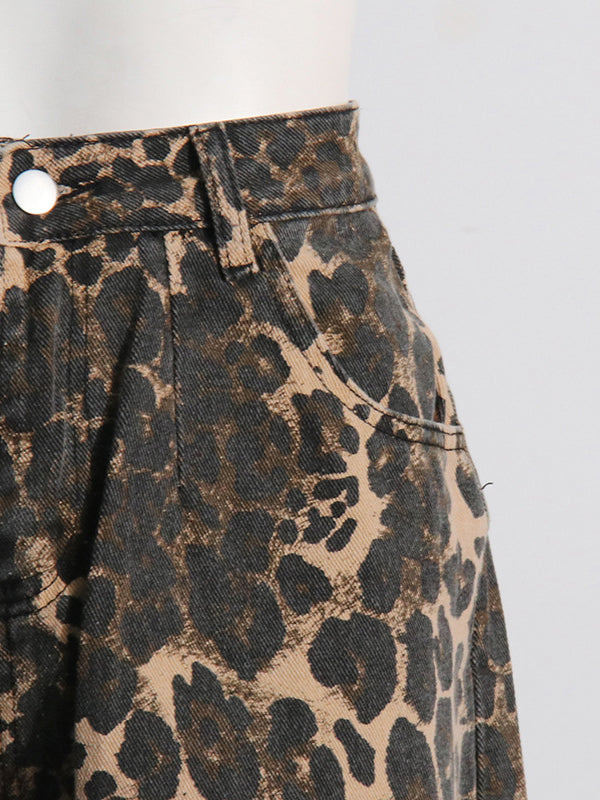 High Waisted Loose Leopard Printed Ripped Split-Joint Jean Pants Bottoms