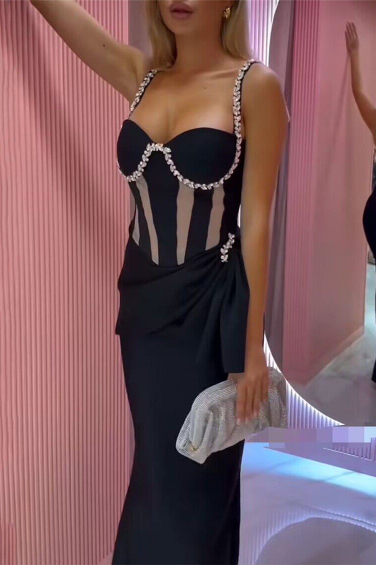 Evie Strap Mesh Pleated Maxi Dress