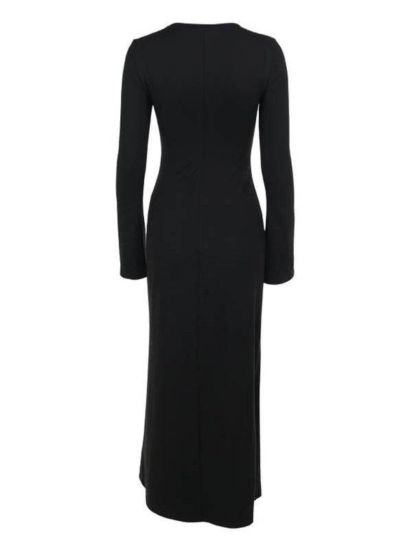 Long Sleeves Loose Asymmetric Solid Color Split-Joint Split-Side Round-Neck Maxi Dresses