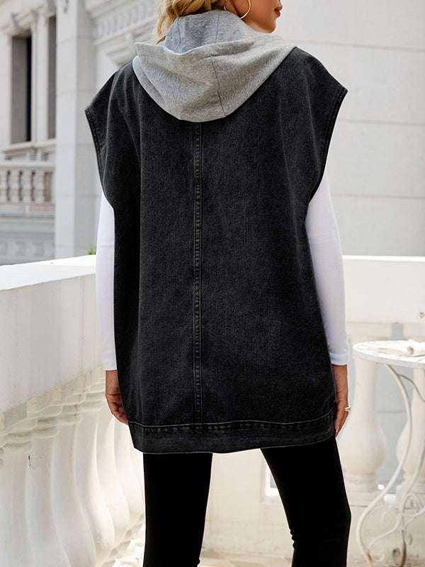 Loose Sleeveless Buttoned Detachable Hooded Pockets Split-Joint Lapel Collar Vest Outerwear