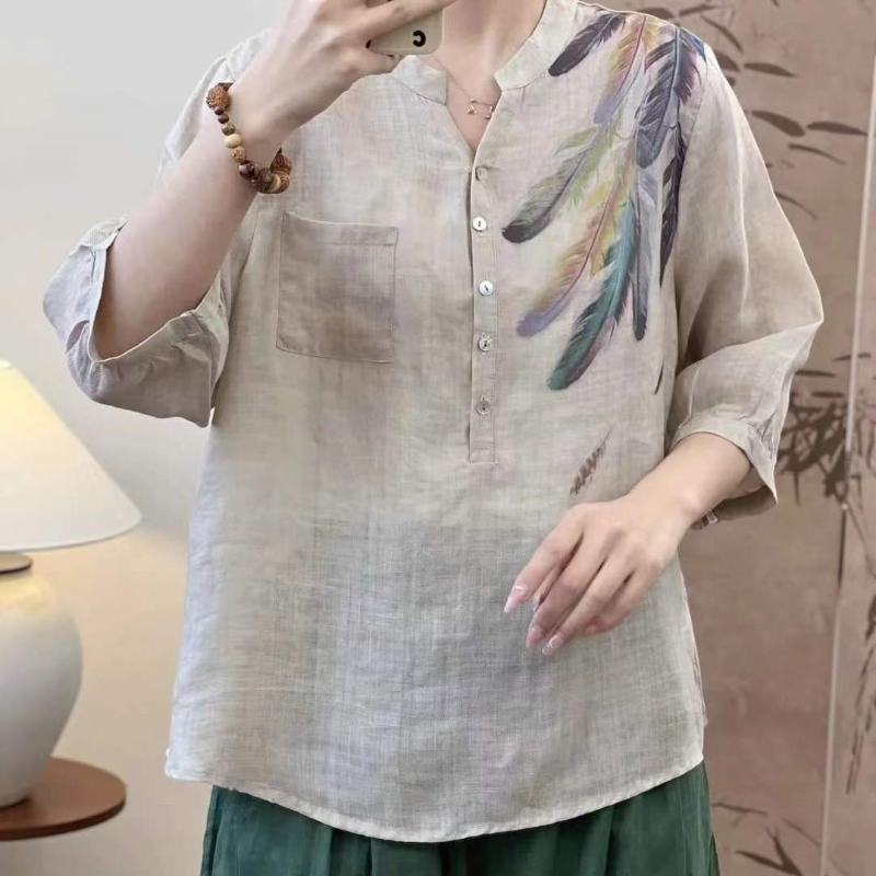 Literary Feather Print Ramie Shirt