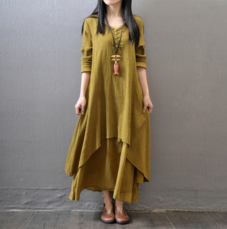 Literary Linen Fake Two Piece Long Sleeve Dress