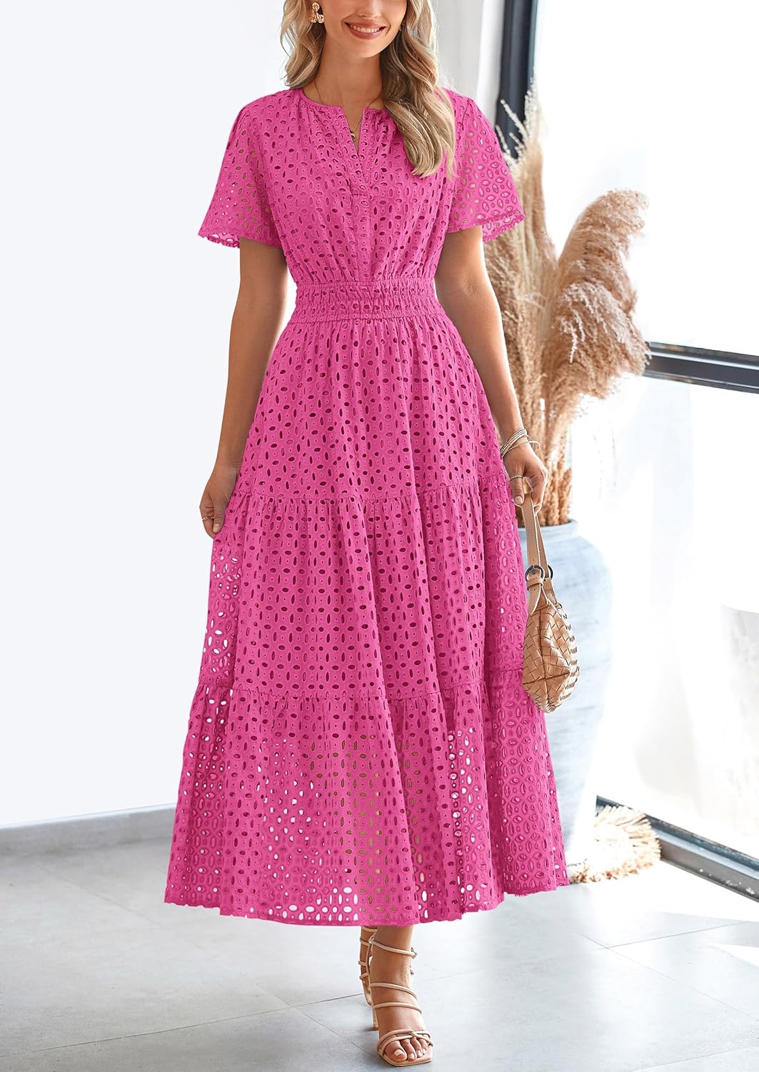 Women‘s Short Sleeve V Neck Eyelet A-Line Maxi Dress (Buy 2 Free Shipping)