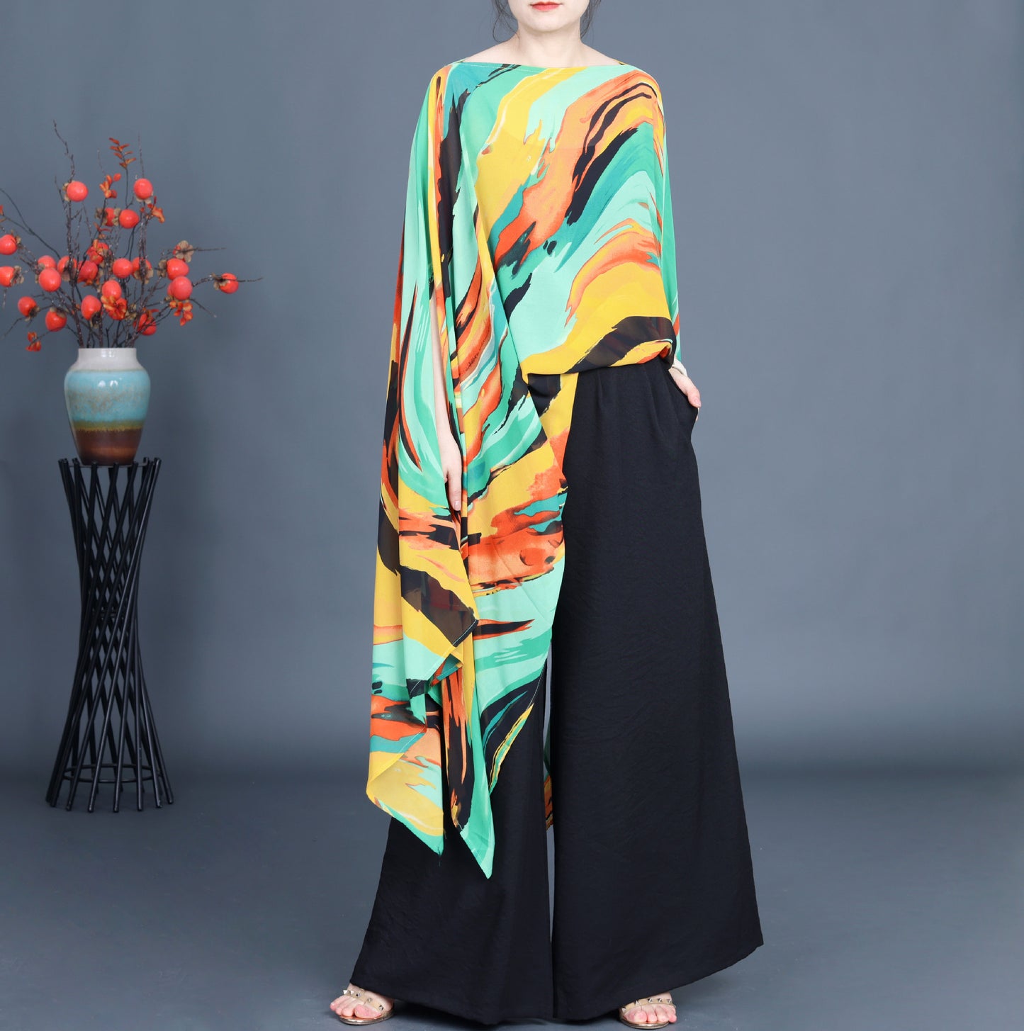 Loose Irregular Flowy Colorful Bat Sleeve Shawl Top