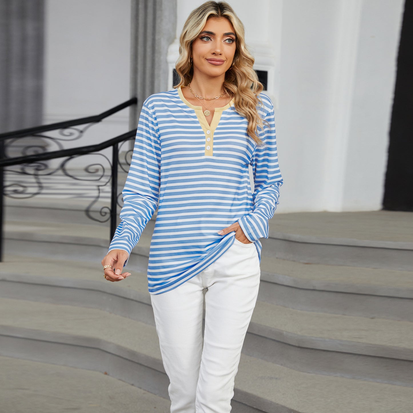 Autumn and winter New V-neck contrast color striped loose long sleeve women's T-shirt tops