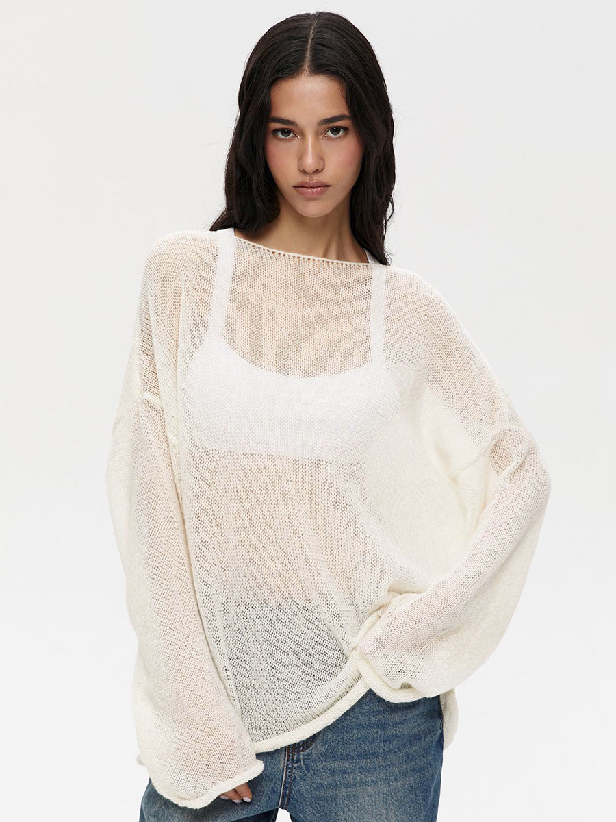 Hollow sweater spring and summer women's see-through thin scoop bell sleeve knitted T-shirt