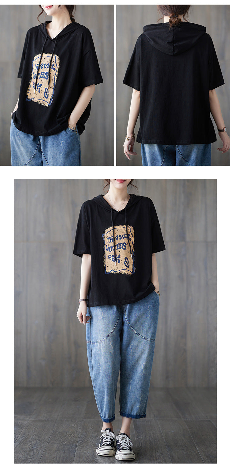 Casual Printed Hooded Short Sleeve T-shirt