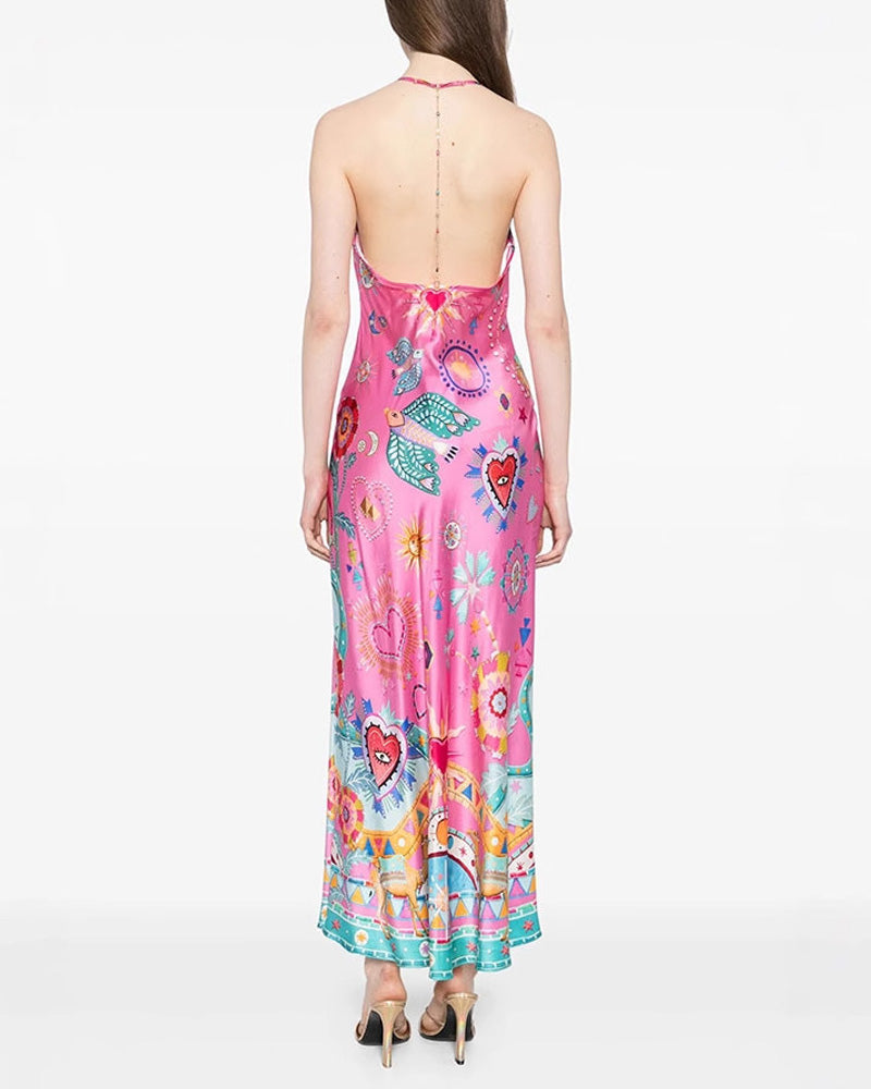 Printed Satin Sexy Backless Sling Dress