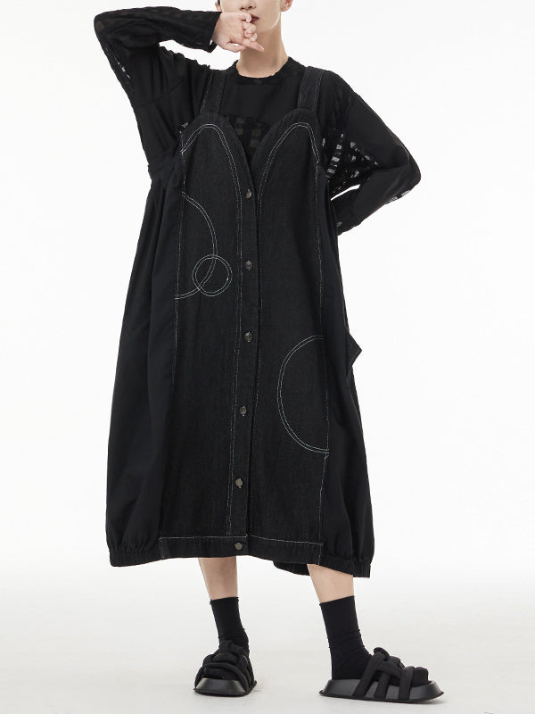 Vintage Splicing Denim Suspender Midi Dress