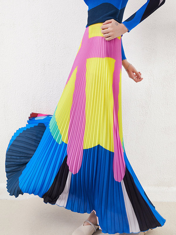 A-Line Loose Contrast Color Pleated Skirts Bottoms