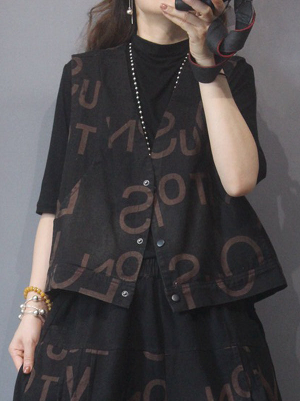 Vintage Plaid Letter Print Jean Pants Bottoms Vest Top Two Pieces Set