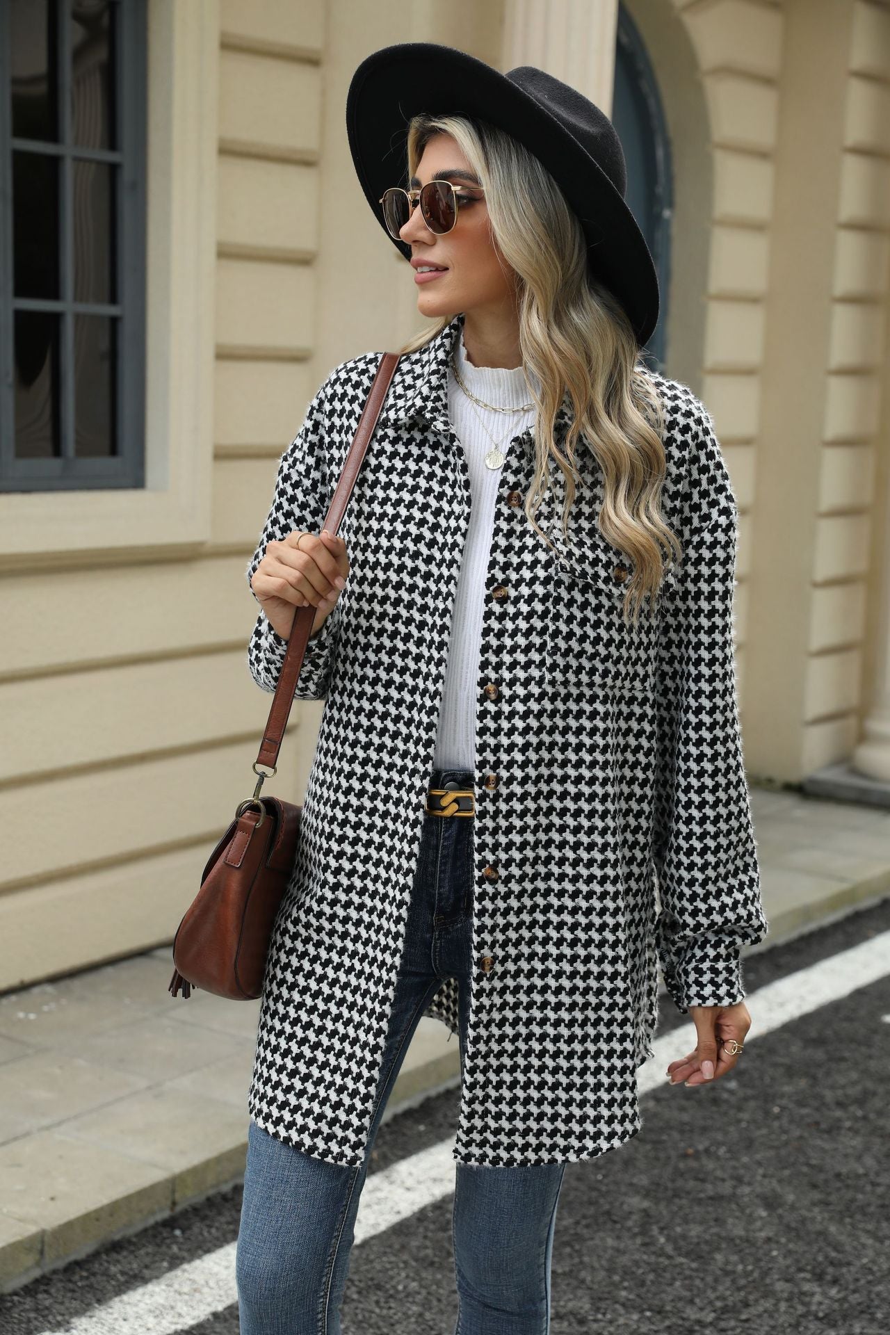 Autumn and Winter houndstooth polo collar top mid-length woolen coat for women