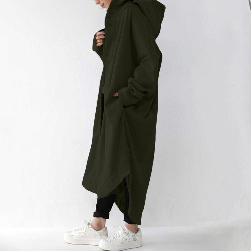 Loose Solid Color Buttoned Hooded Windbreaker Coat